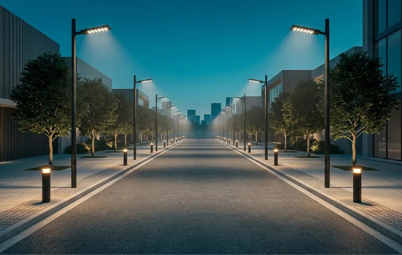 Modern streetlights illuminating a city street at night.