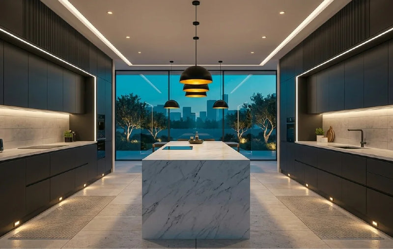 Modern kitchen with marble island and large windows overlooking a garden.