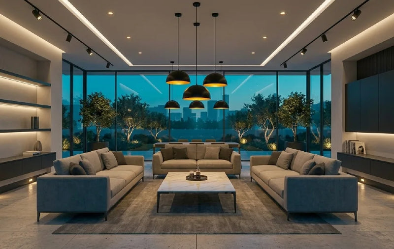 Modern living room with gray sofas, a coffee table, and large windows overlooking a garden.