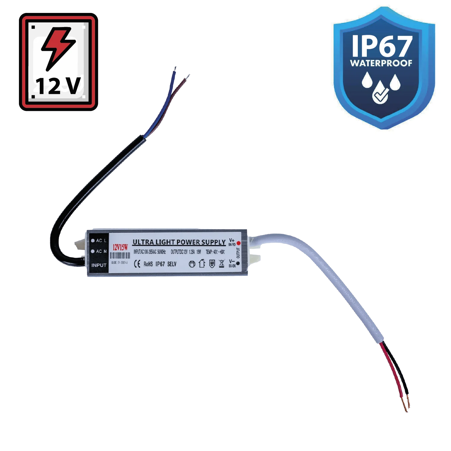 محول طاقة الترالايت مقاوم للماء 12 فولت 15 واط IP67