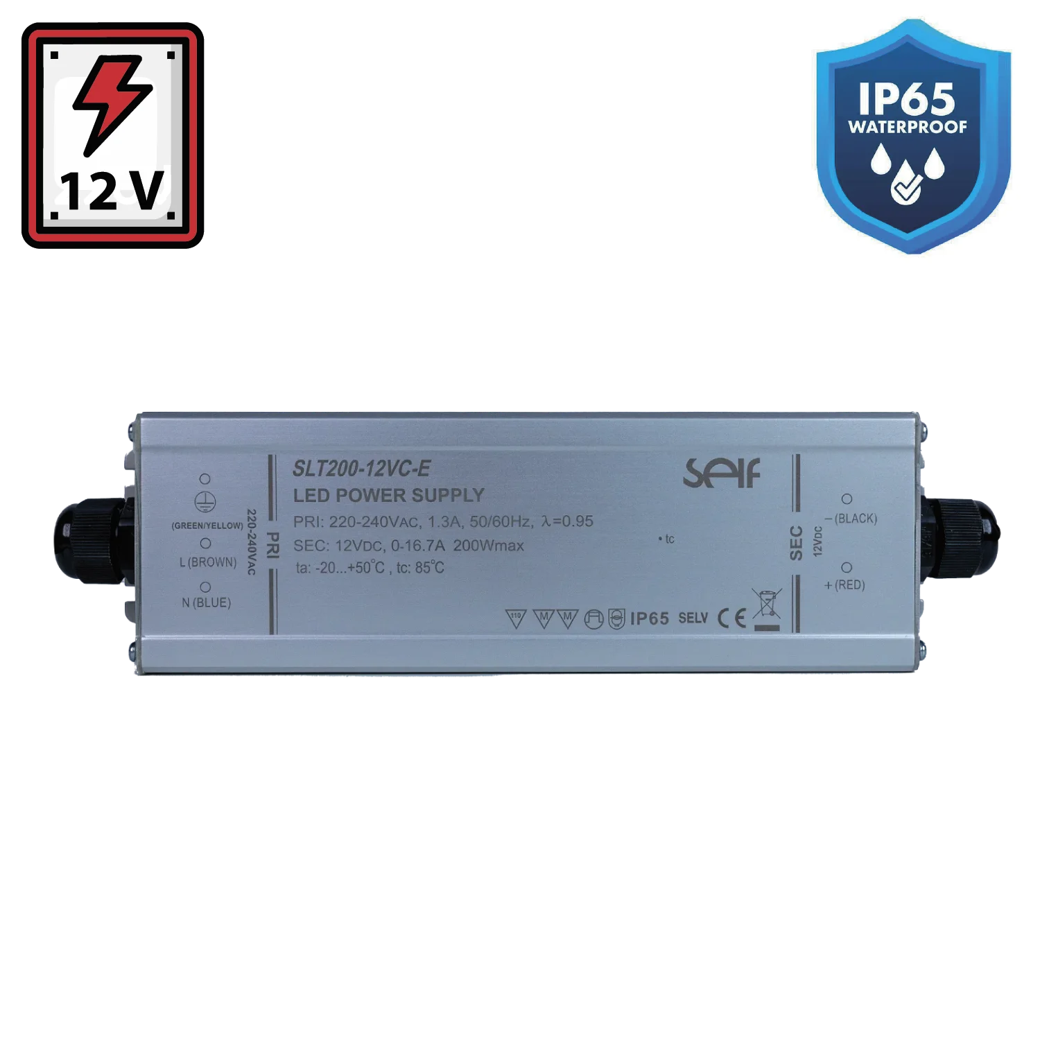 محول طاقة الترالايت مقاوم للماء 12 فولت 200 واط  IP65 (SLT200)