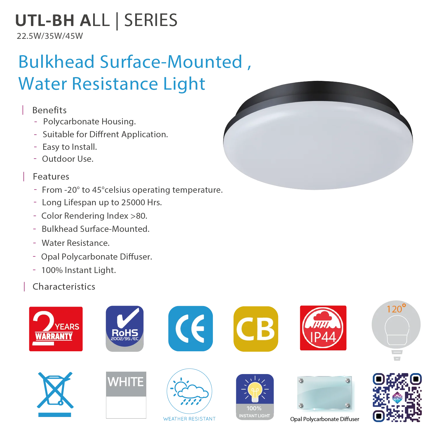 مصباح ليد مقاوم للماء مثبت على السطح – إضاءة عصرية للمساحات الداخلية والخارجية (UTL-BH)