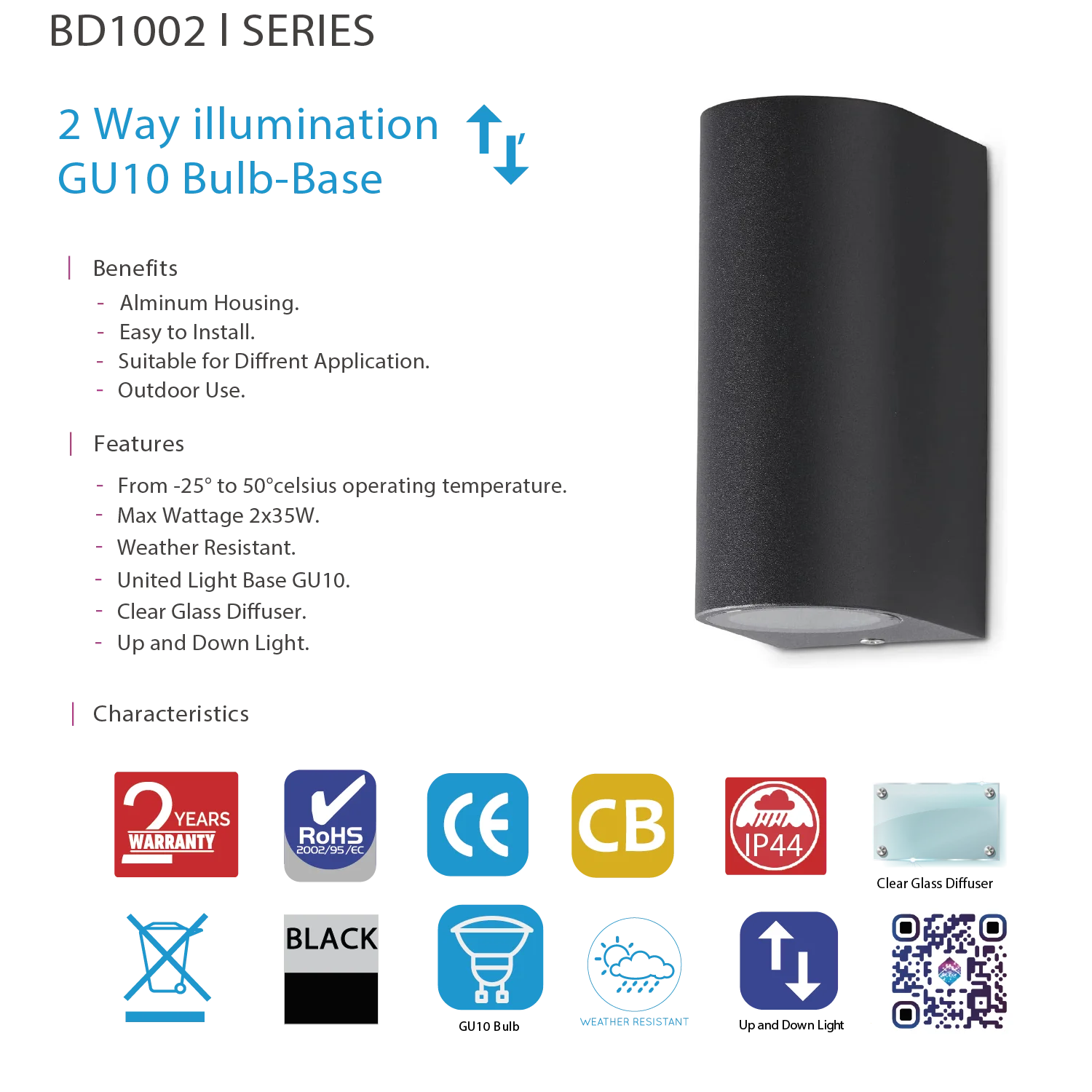 كشاف جداري عصري مع قاعدة GU10 - إضاءة جدارية خارجية مزدوجة لأعلى وأسفل (BD1002)