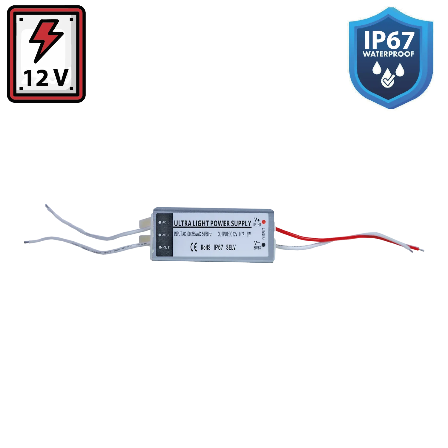محول طاقة الترالايت مقاوم للماء 12 فولط 8 واط IP67