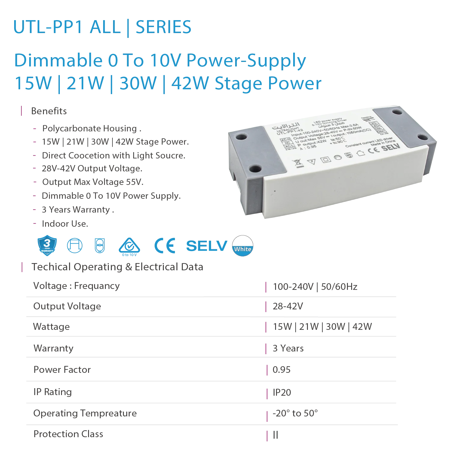 محول طاقة ليد قابل للتعتيم 0V-10V من الترا لايت - ضمان 3 سنوات (UTL-PP1)