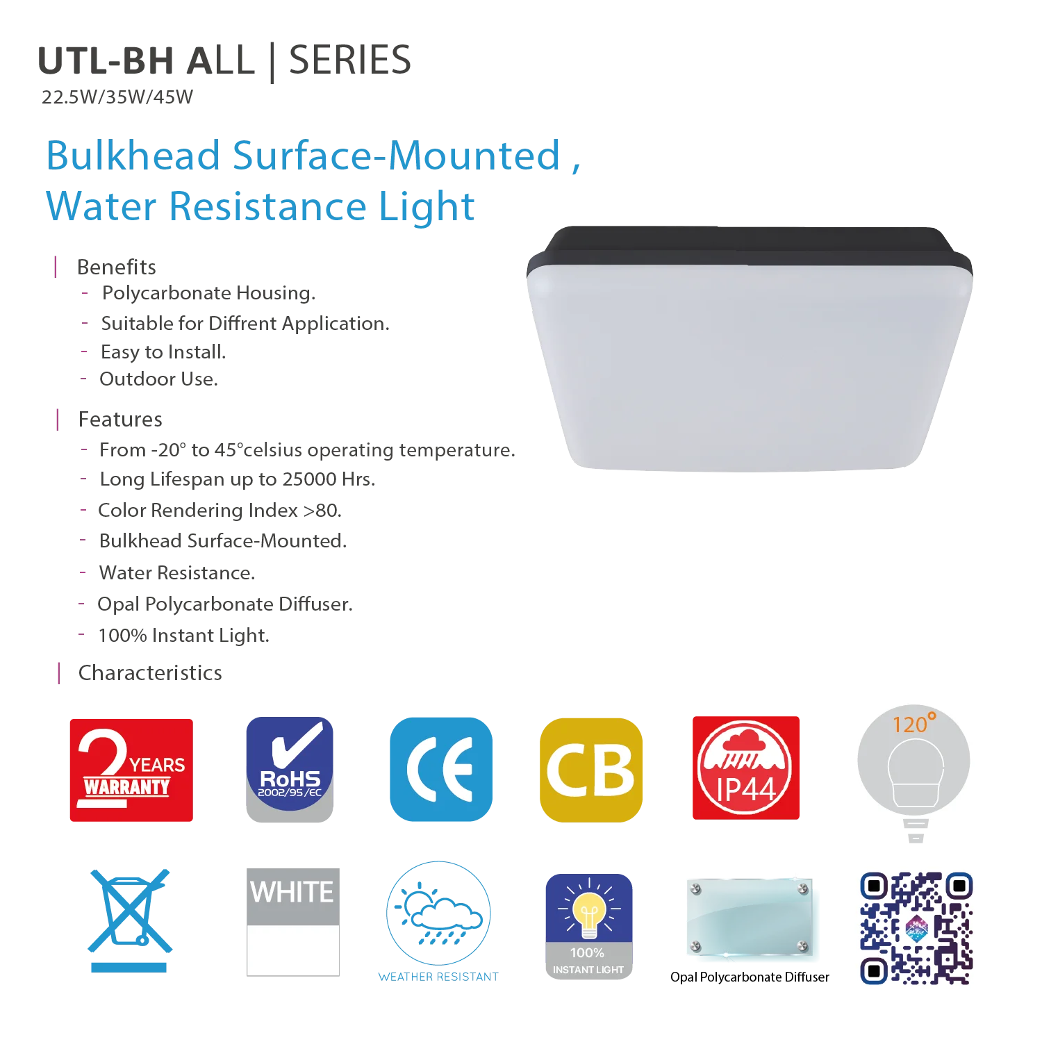 مصباح ليد مقاوم للماء مثبت على السطح – إضاءة عصرية للمساحات الداخلية والخارجية (UTL-BH)