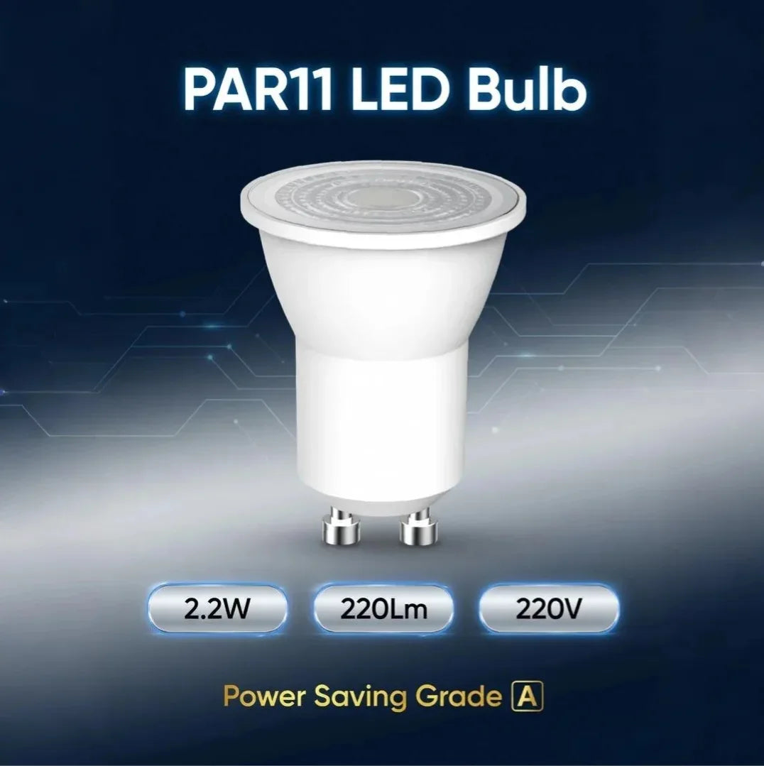 PAR11 LED bulb with specifications on a dark background
