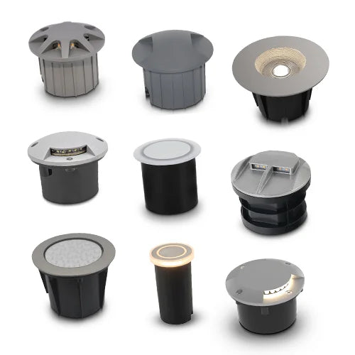 Various outdoor lighting fixtures on a white background