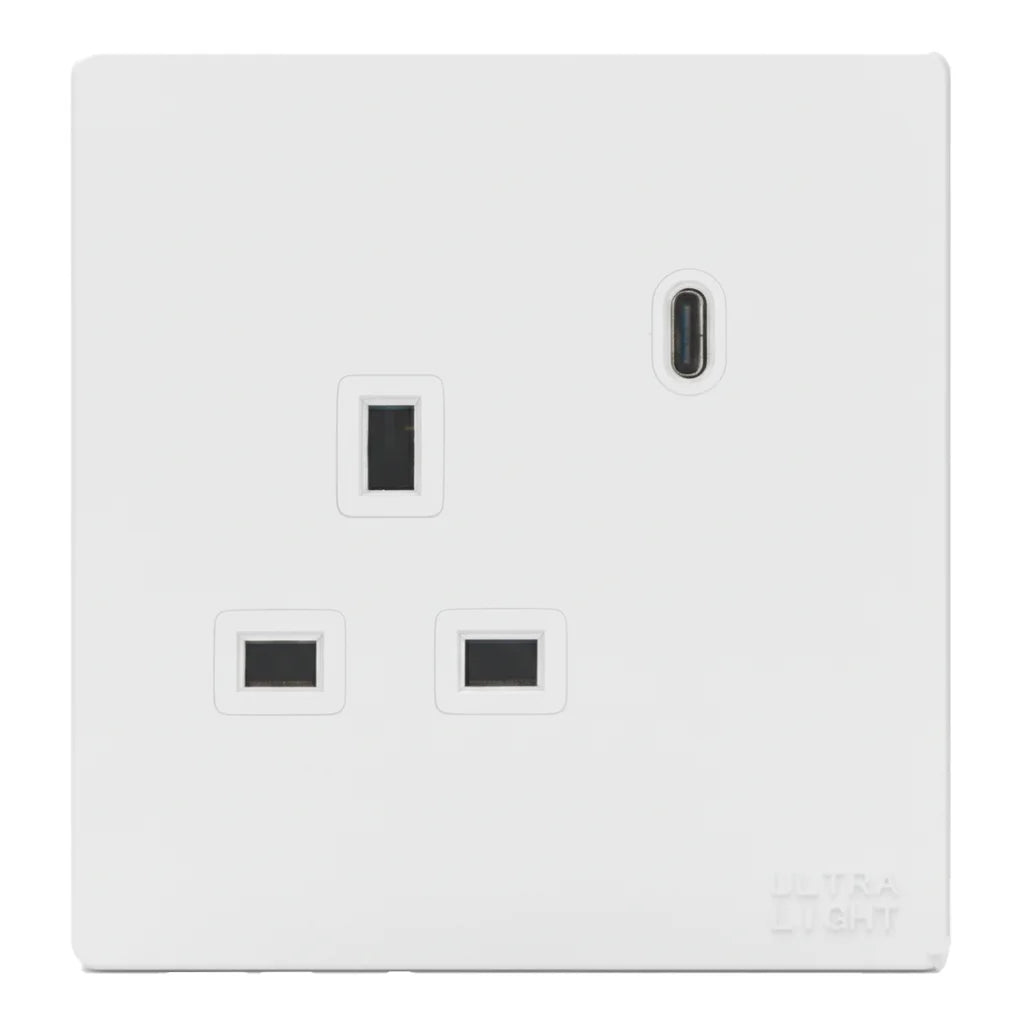 White electrical socket with USB port on a white background