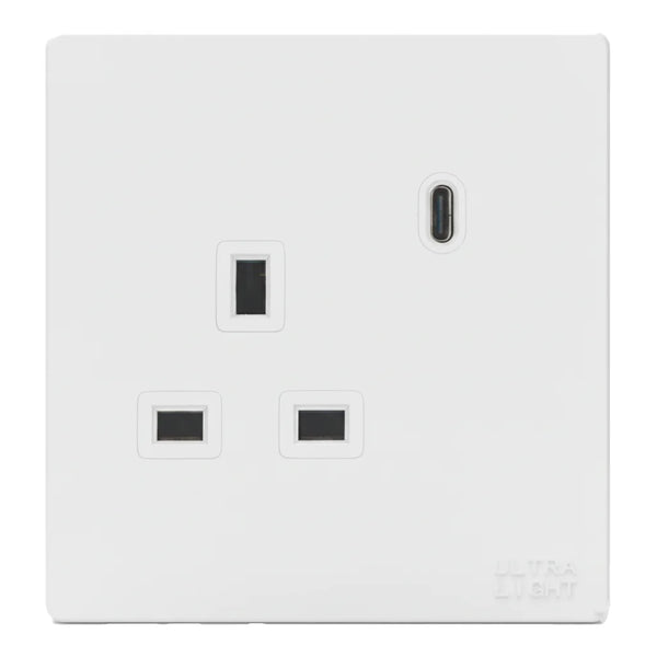White electrical socket with USB port on a white background
