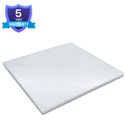 White cutting board with a 5-year warranty badge on a white background