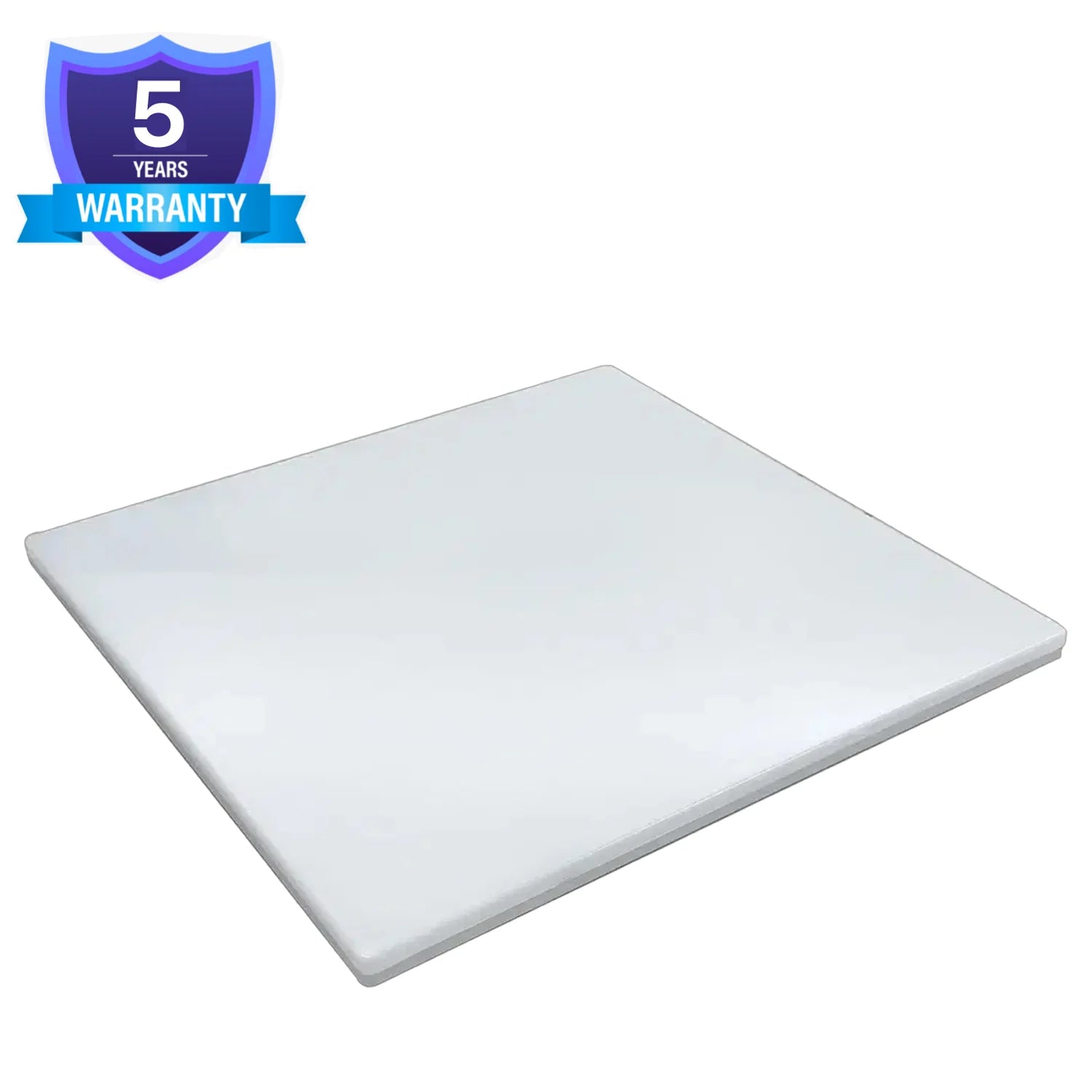White cutting board with a 5-year warranty badge on a white background
