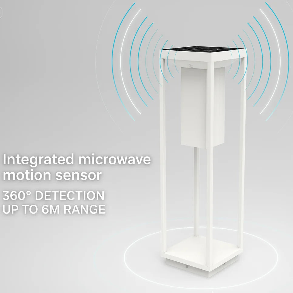 White outdoor light fixture with integrated microwave motion sensor on a gray background