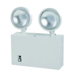 White emergency light fixture with two circular lights on a white background