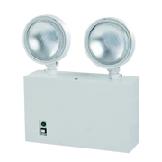 White emergency light fixture with two circular lights on a white background