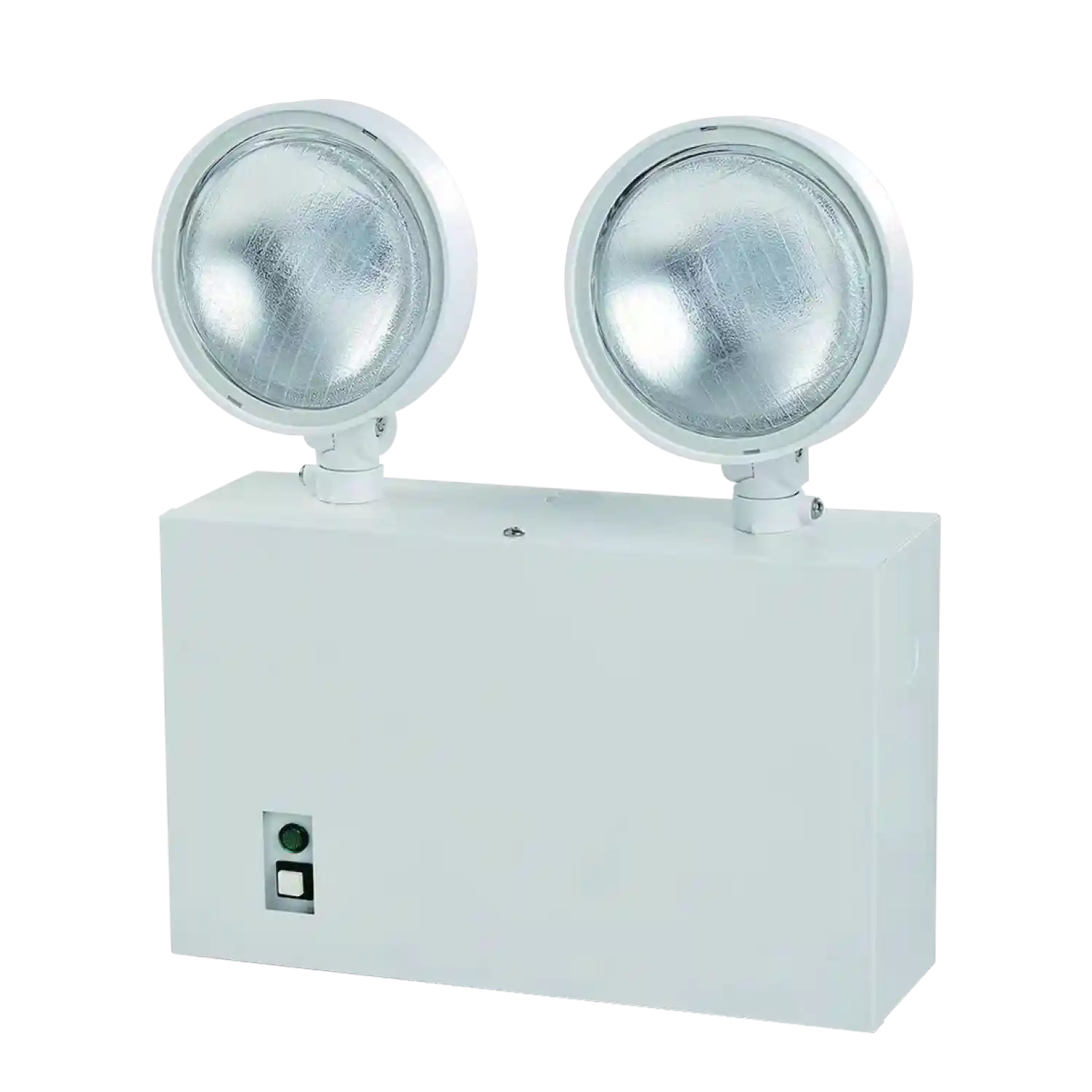 White emergency light fixture with two circular lights on a white background