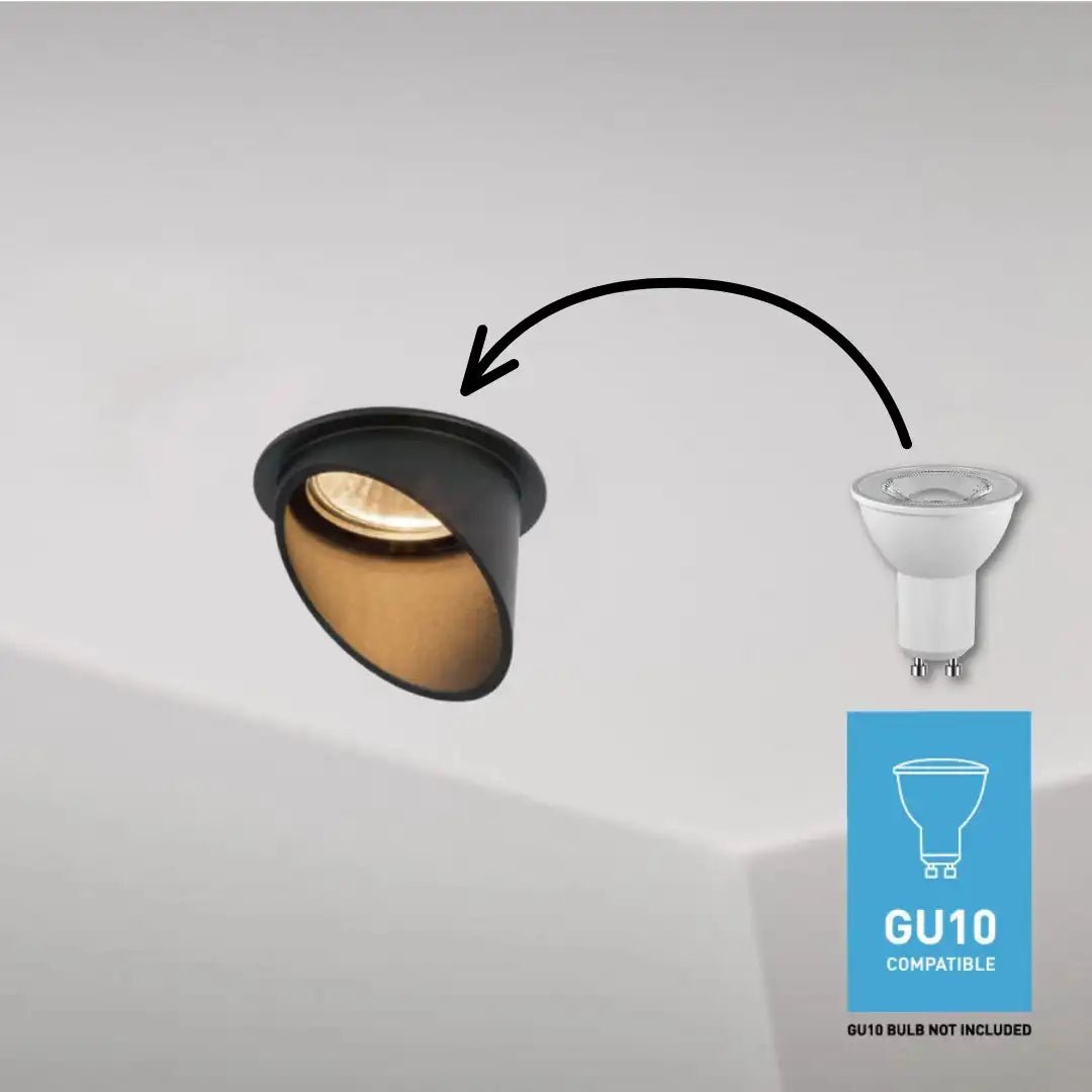 Light fixture with GU10 bulb compatibility label on a gray background