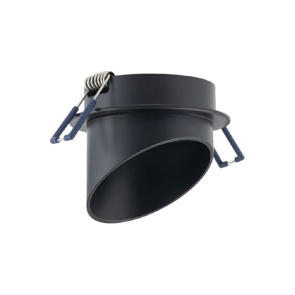 Black metal light fixture with blue straps on a white background
