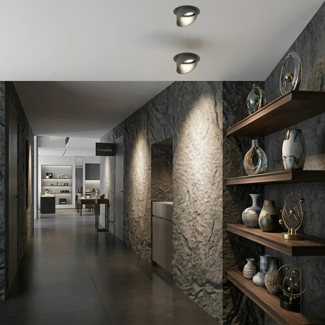 Modern interior hallway with stone walls, wooden shelves, and decorative items.