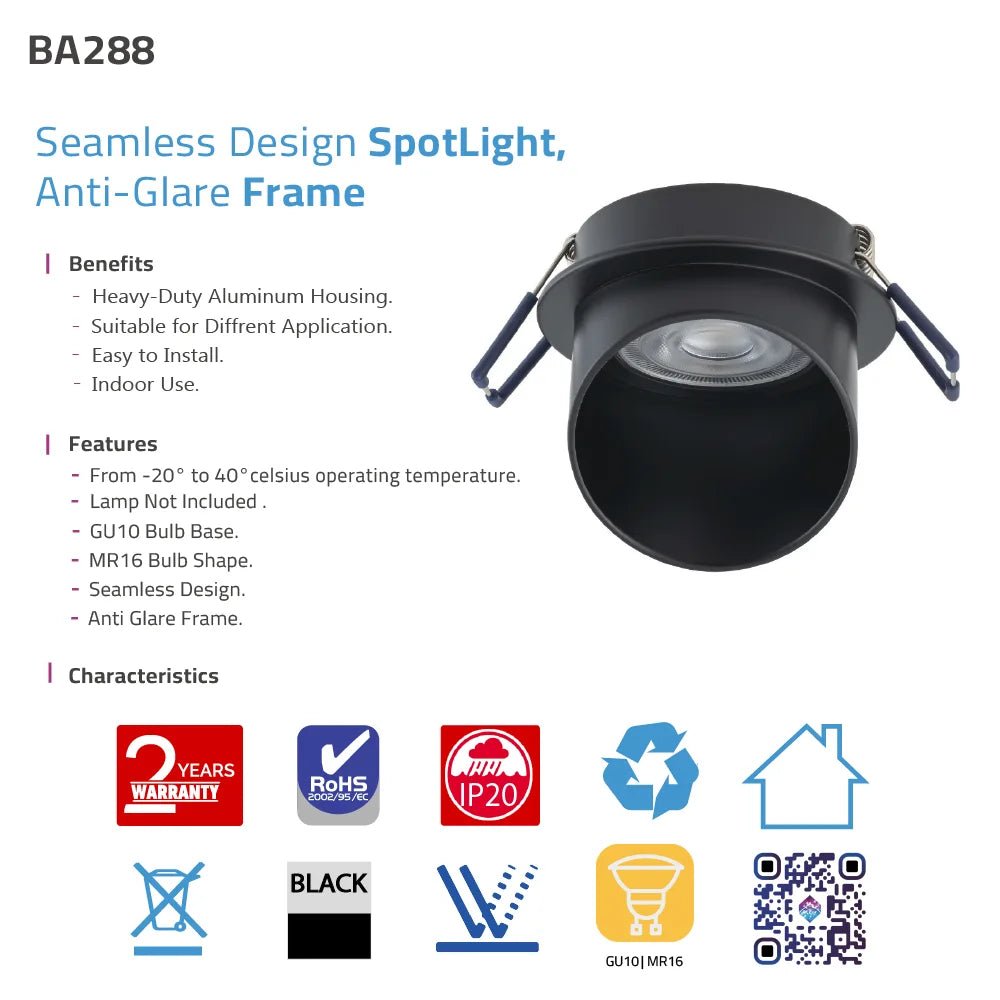 Black spotlight with features and specifications on a white background