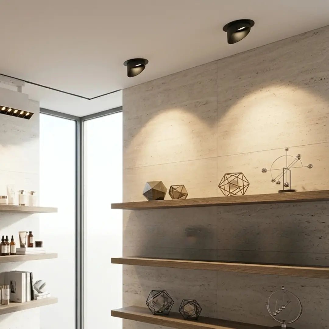 Modern interior with wooden shelves and decorative items against a concrete wall.