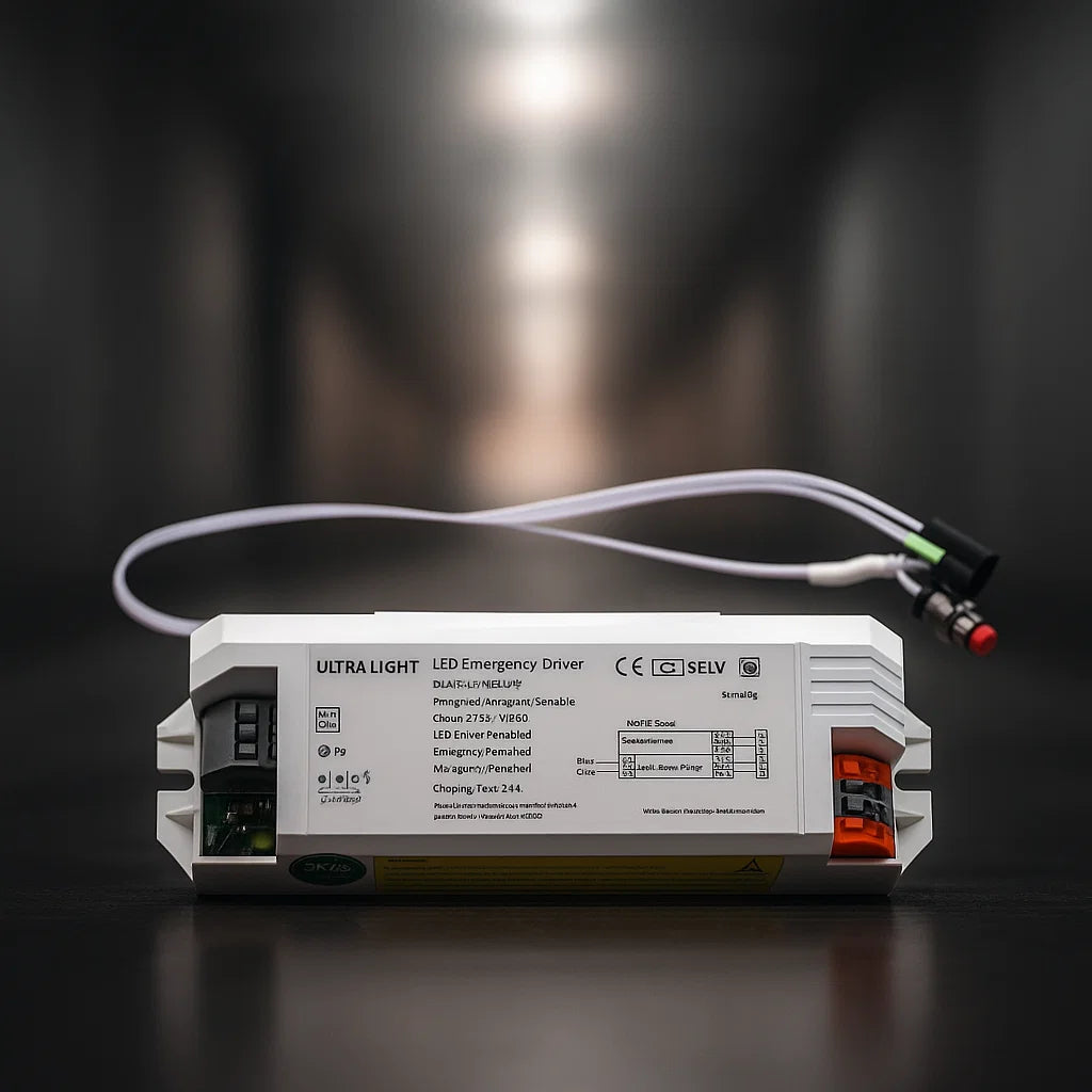 LED emergency driver with a blurred light source in the background