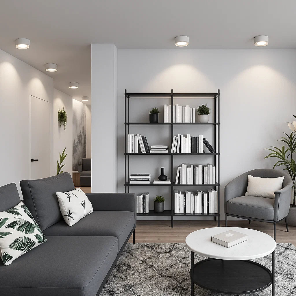 Modern living room with gray sofa, bookshelf, and armchair.