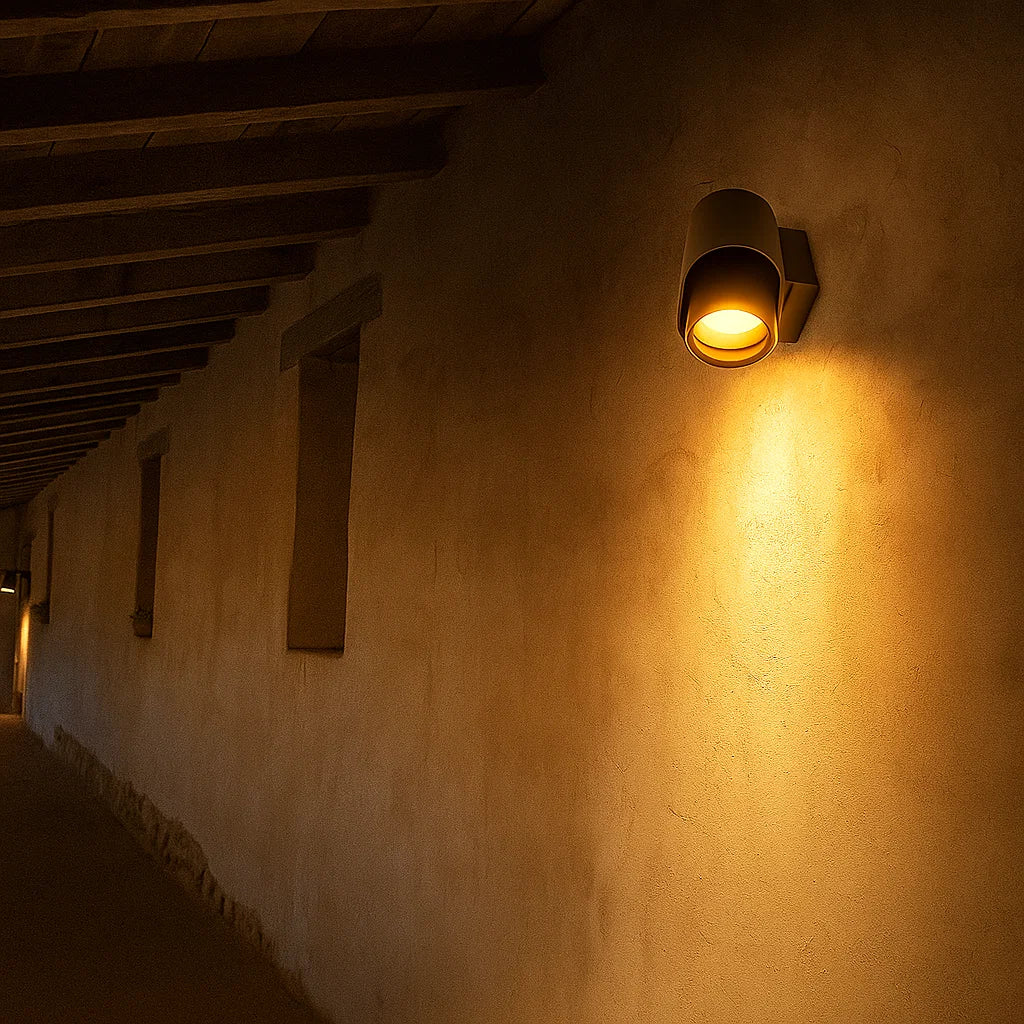 Wall-mounted light fixture casting a warm glow on a textured wall.
