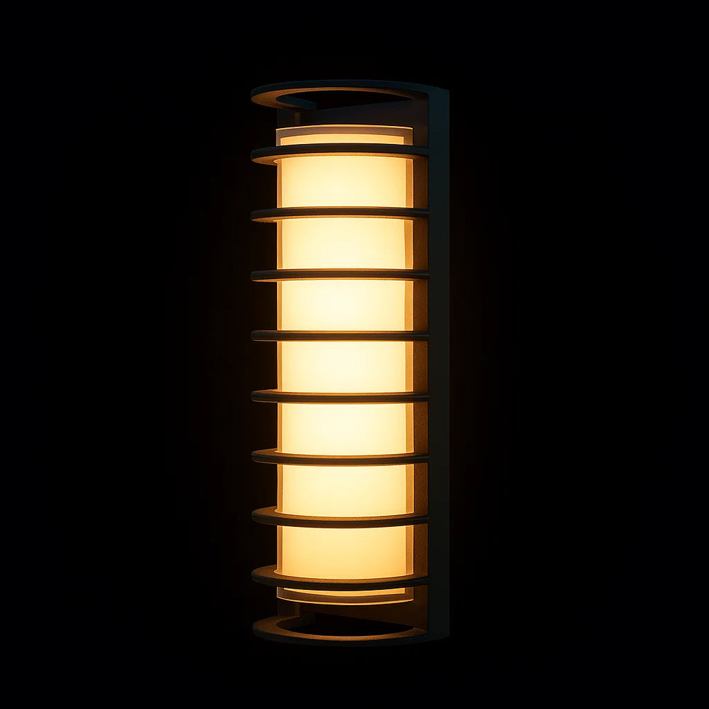 Wall-mounted outdoor light fixture with a cylindrical design on a black background