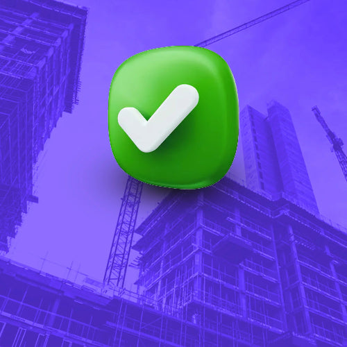 Green check mark icon on a blurred construction site background