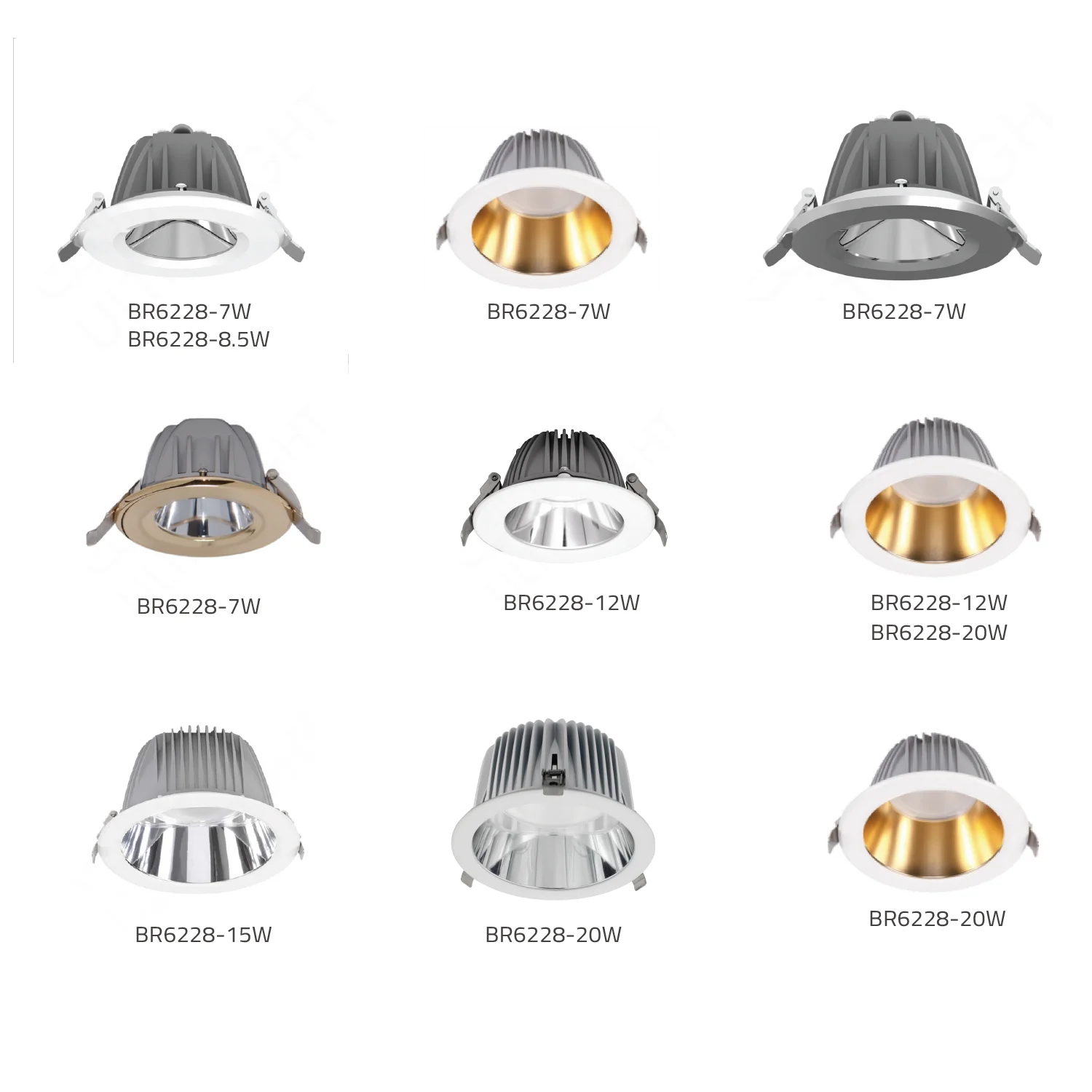 Various sizes of LED downlights on a white background