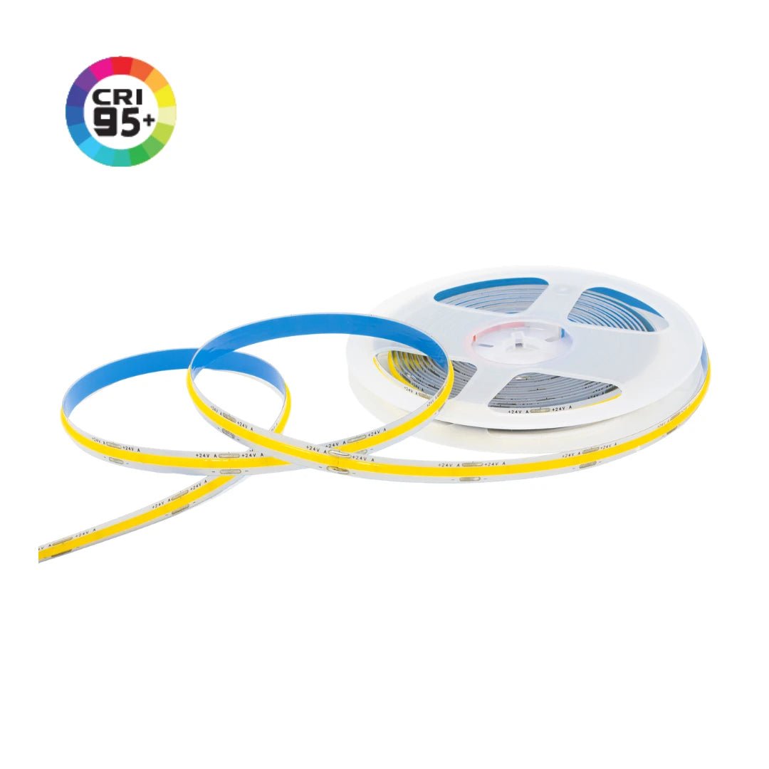 LED strip light with a roll on a white background, featuring CRI 95+ logo.