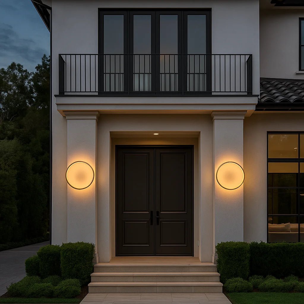 Modern house entrance with round wall lights at night
