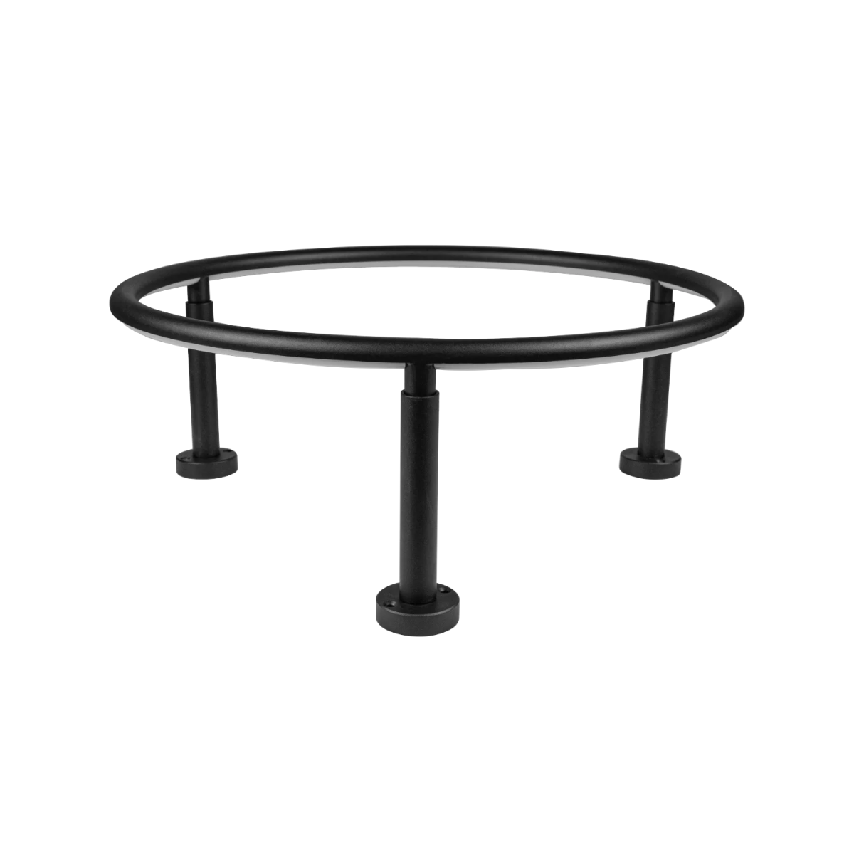 Black metal stand with circular top on a white background
