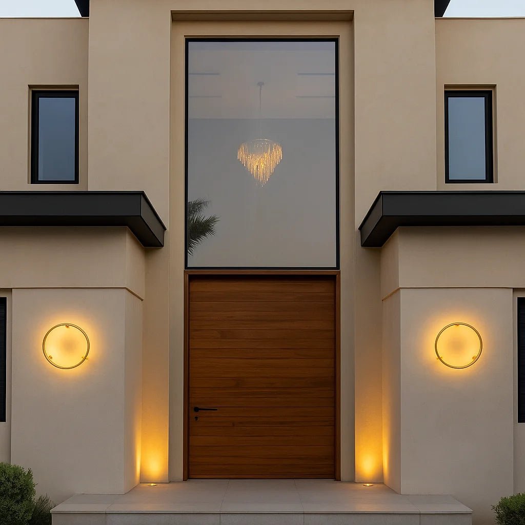 Modern house entrance with a wooden door and wall lights.