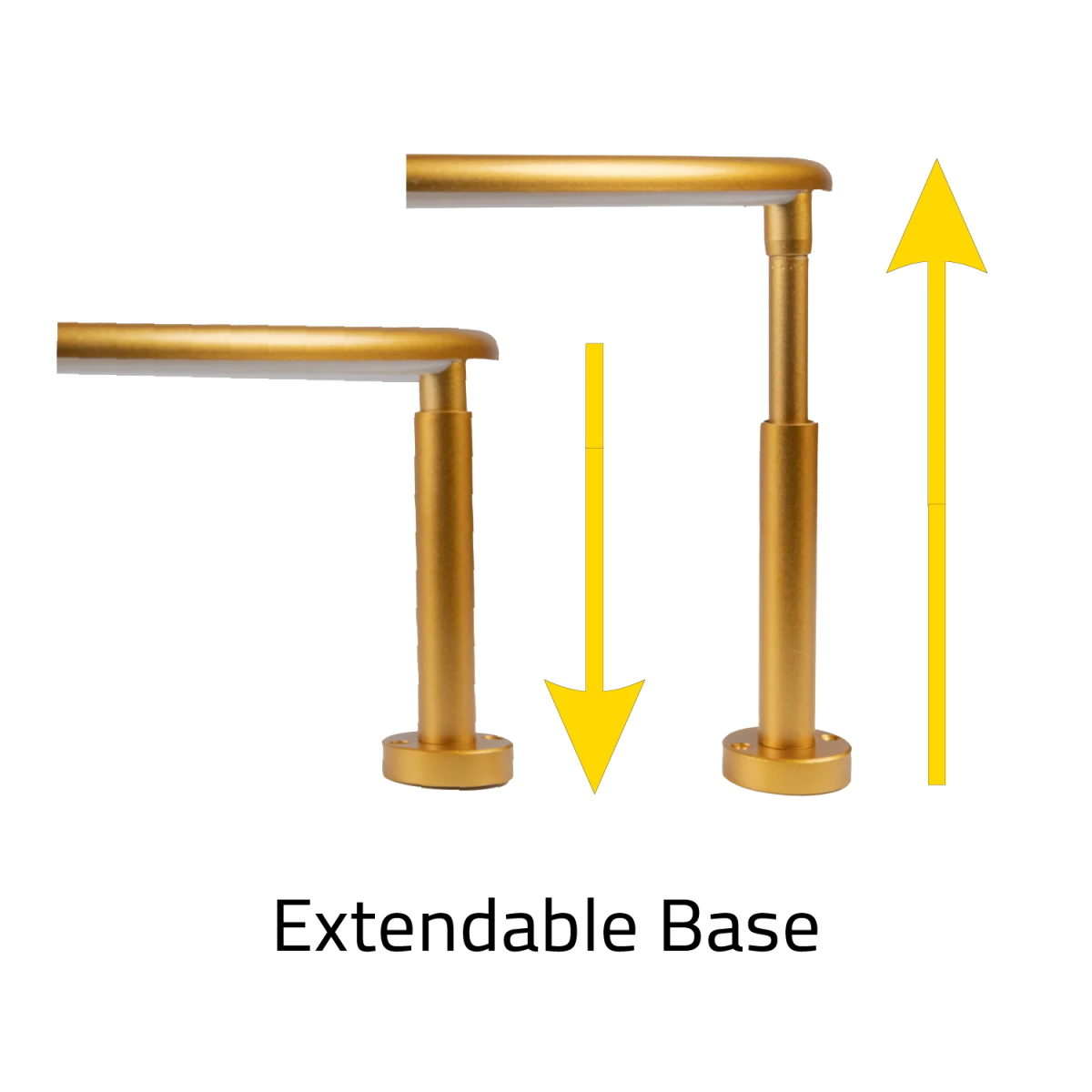 Gold extendable base with arrows indicating extension on a white background