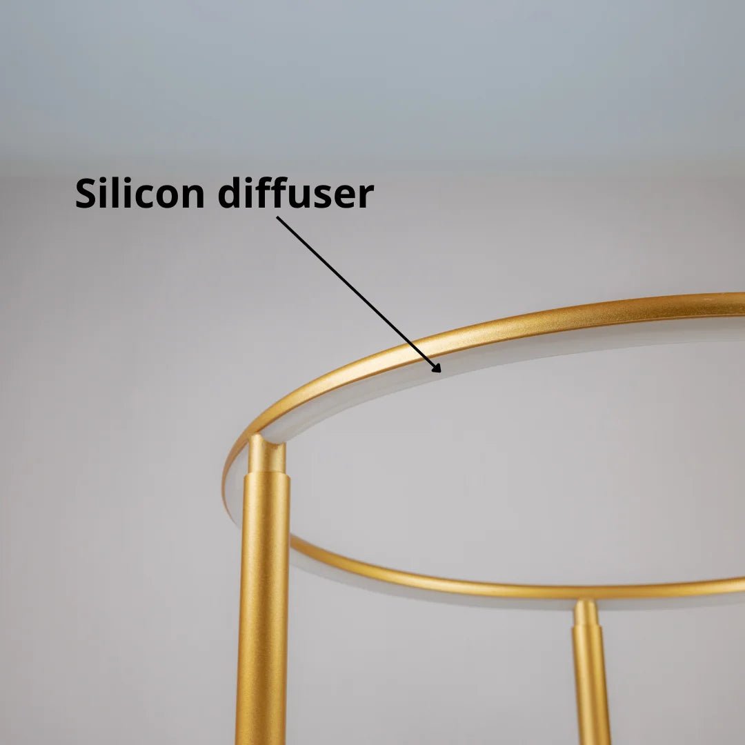 Gold circular object with a labeled 'Silicon diffuser' on a gray background