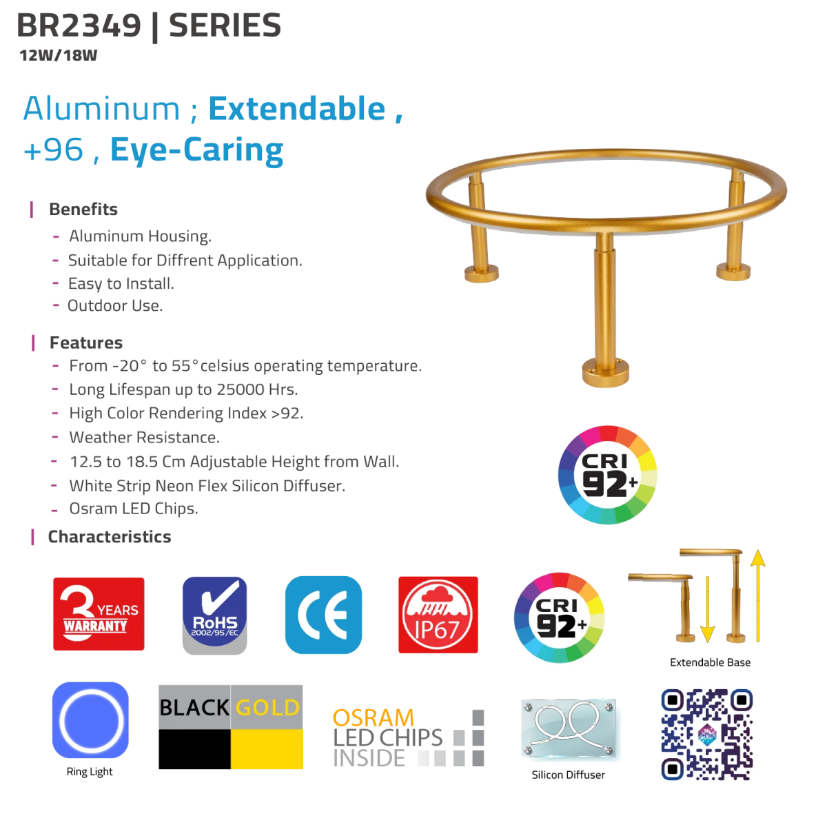 Product details of a lighting fixture with features and specifications on a white background