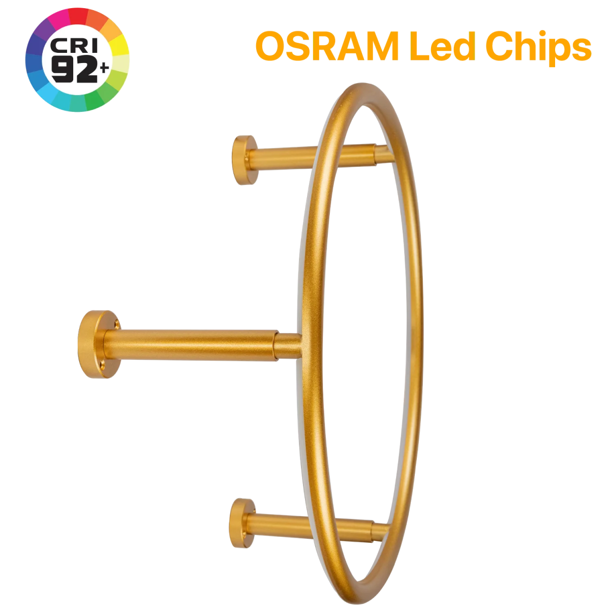 Gold LED light fixture with OSRAM branding and CRI 92+ badge on a white background