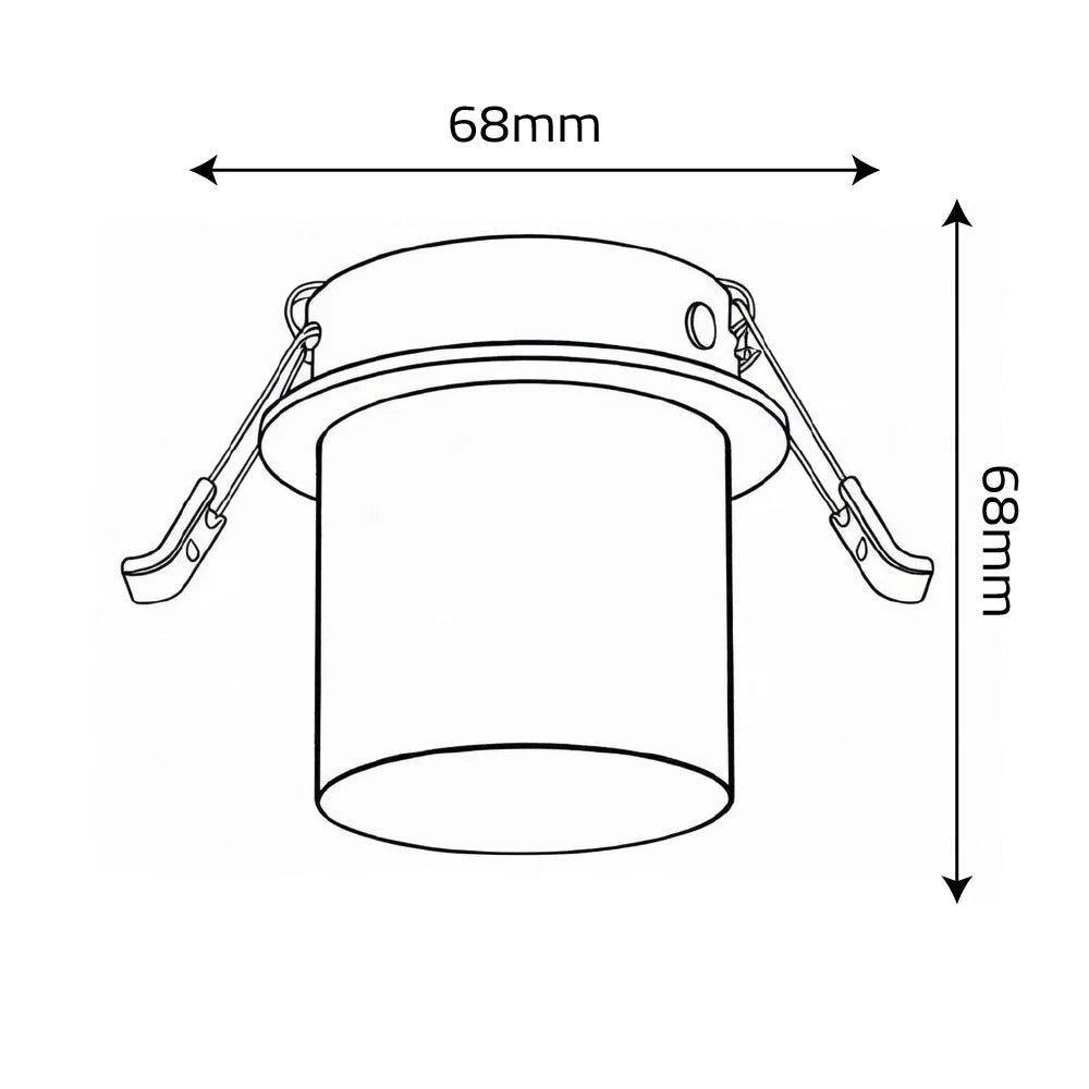 Technical drawing of a cylindrical light fixture with dimensions labeled