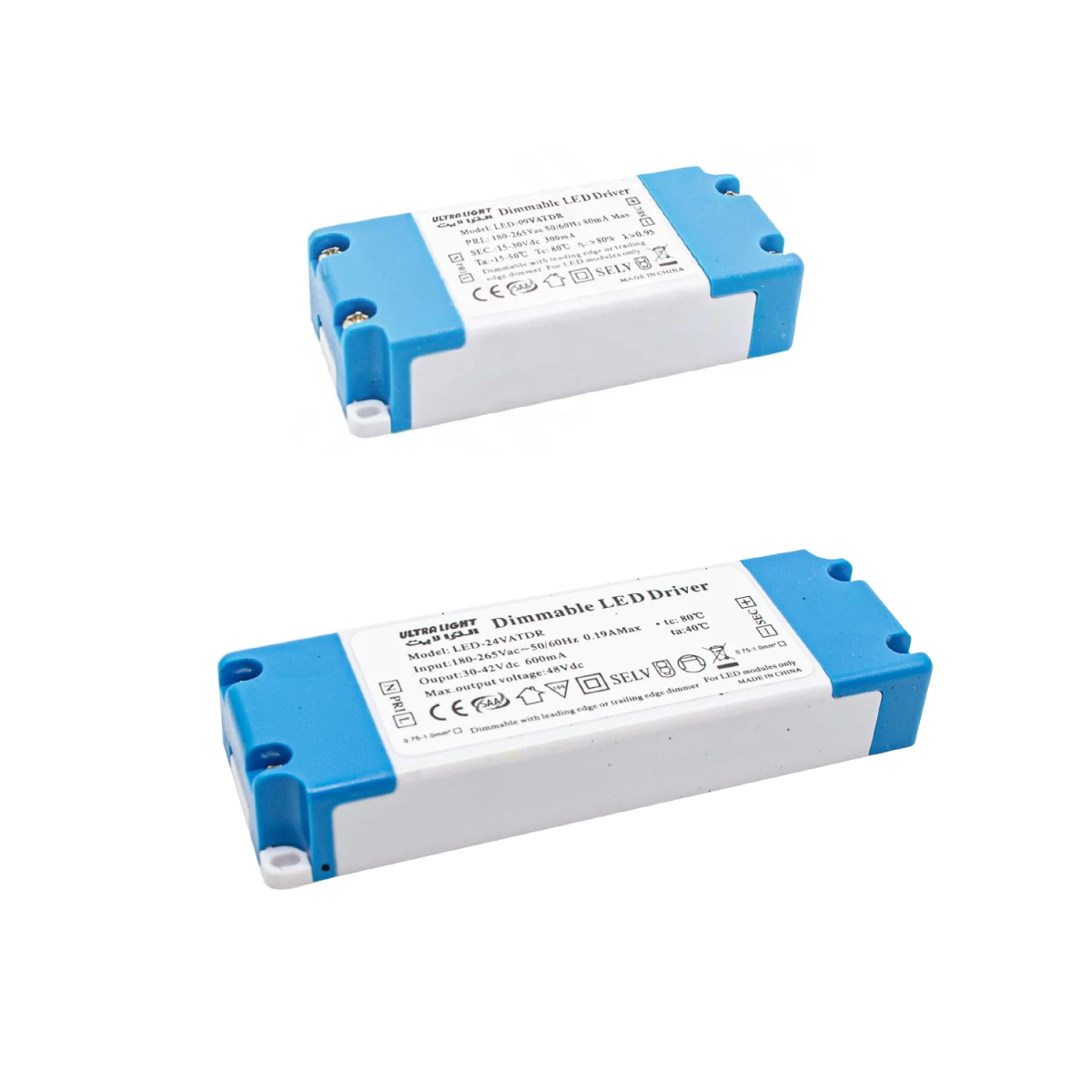 Two blue and white LED driver devices on a white background