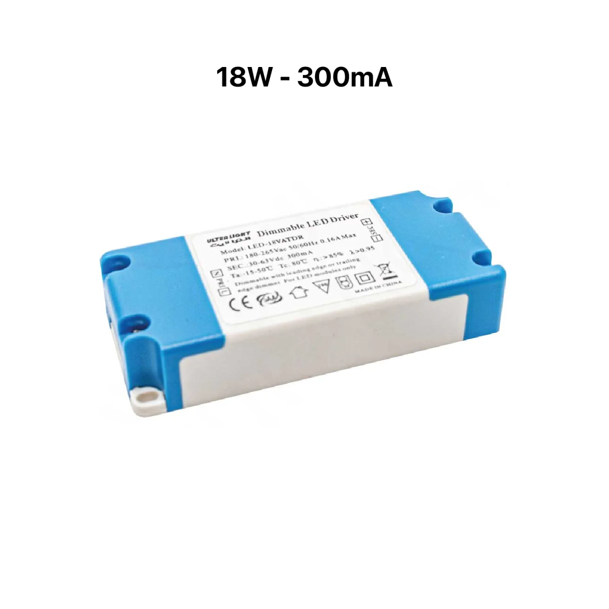 Rectangular electronic component with blue and white design on a white background, featuring '18W - 300mA' text.