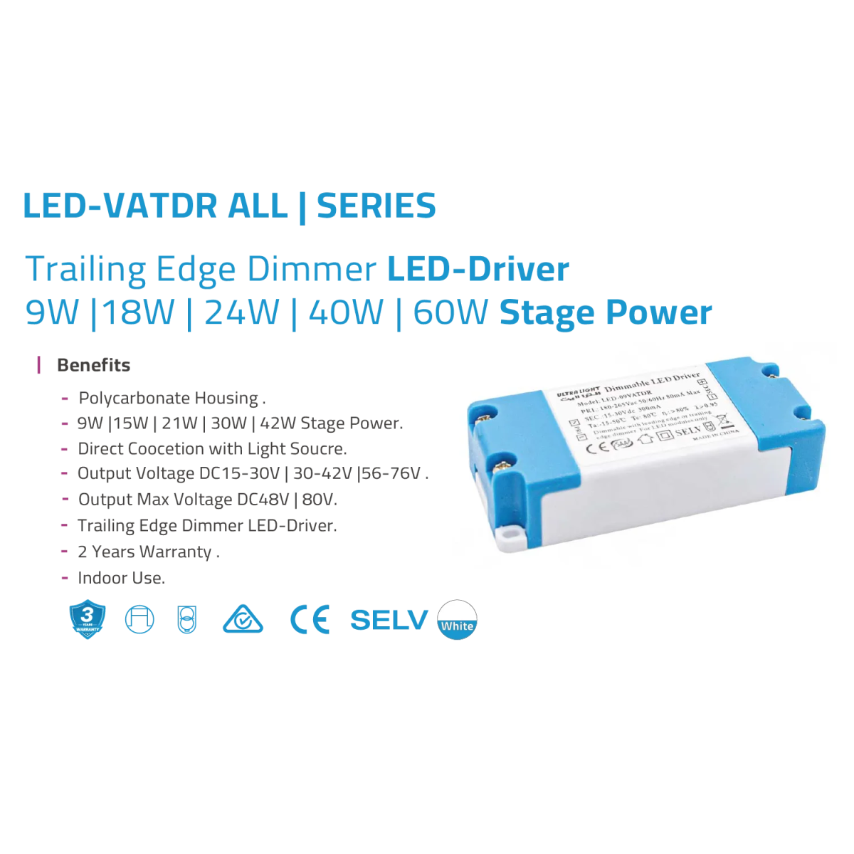 LED driver with specifications and benefits on a white background