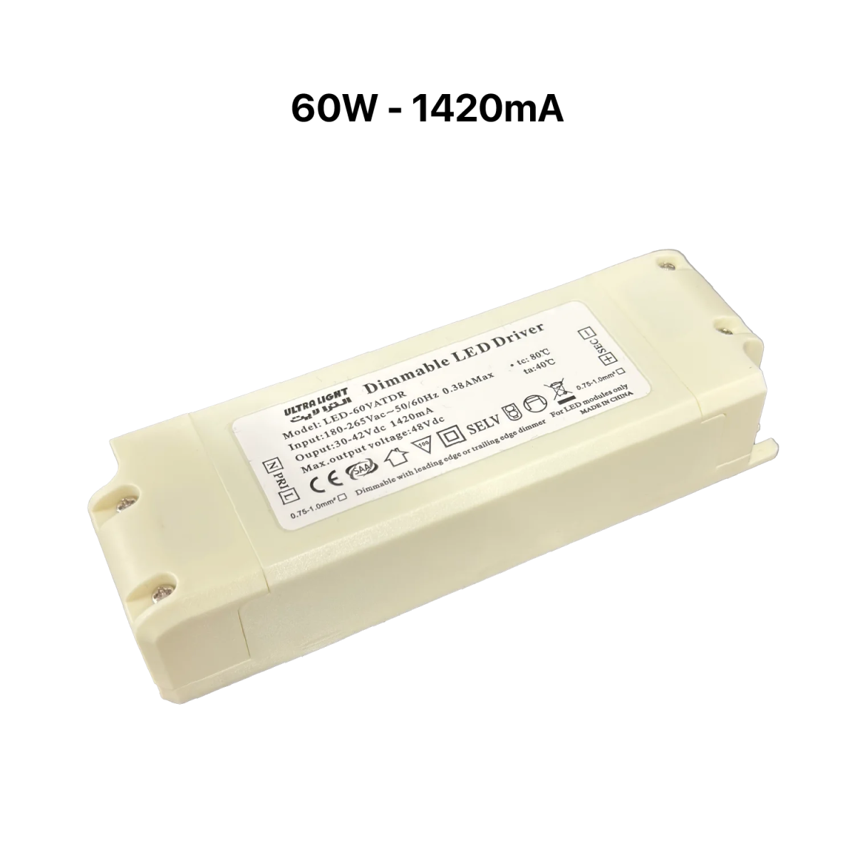 Dimmable LED driver with specifications on a white background