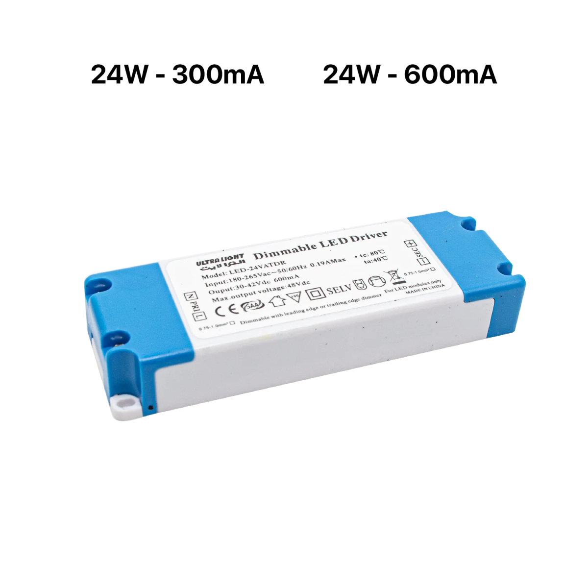 Dimmable LED driver with specifications on a white background
