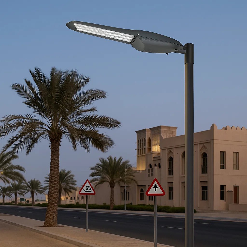 Street lamp on a pole with palm trees and a building in the background