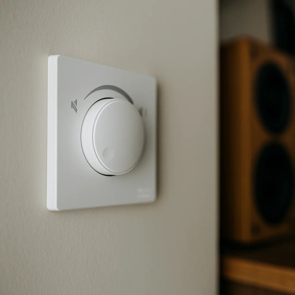 White wall-mounted thermostat on a beige wall with a blurred wooden shelf in the background.