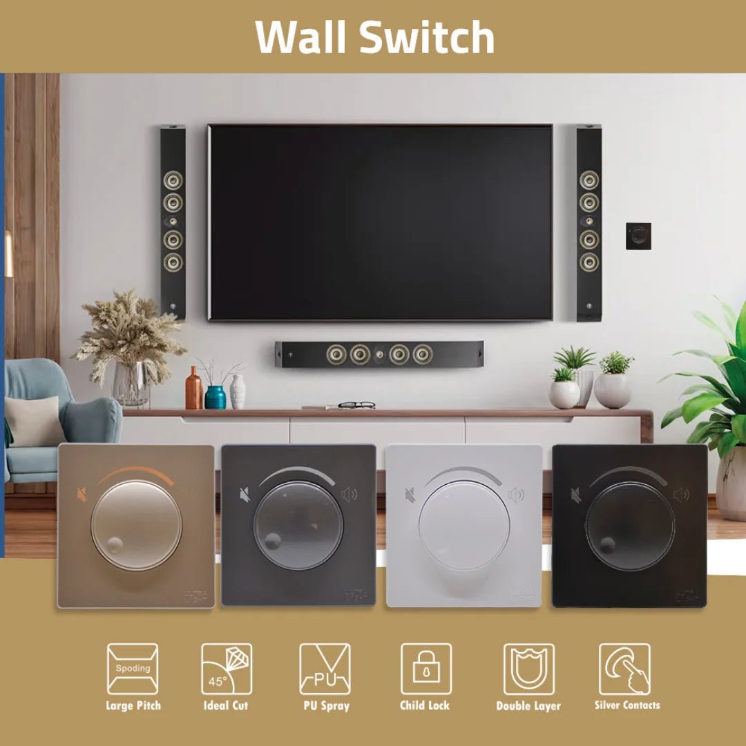 Wall switch with color options and features displayed in a living room setting.