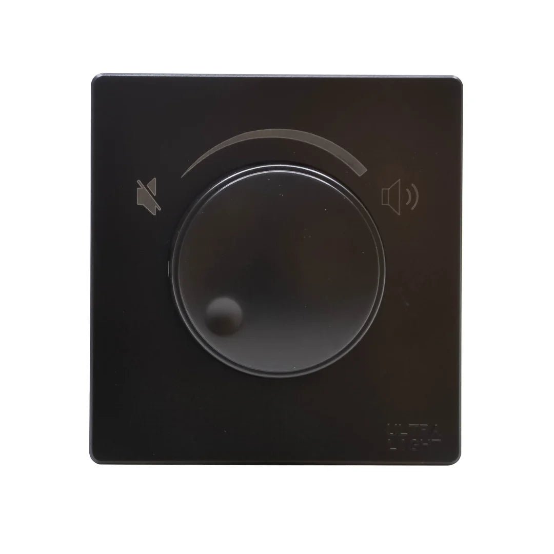 Black audio control knob on a white background