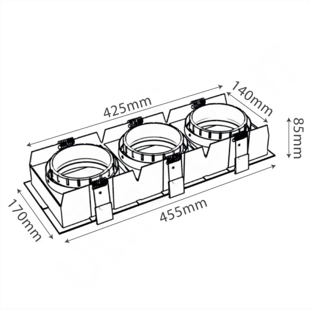 Technical drawing of a three-light fixture with dimensions labeled
